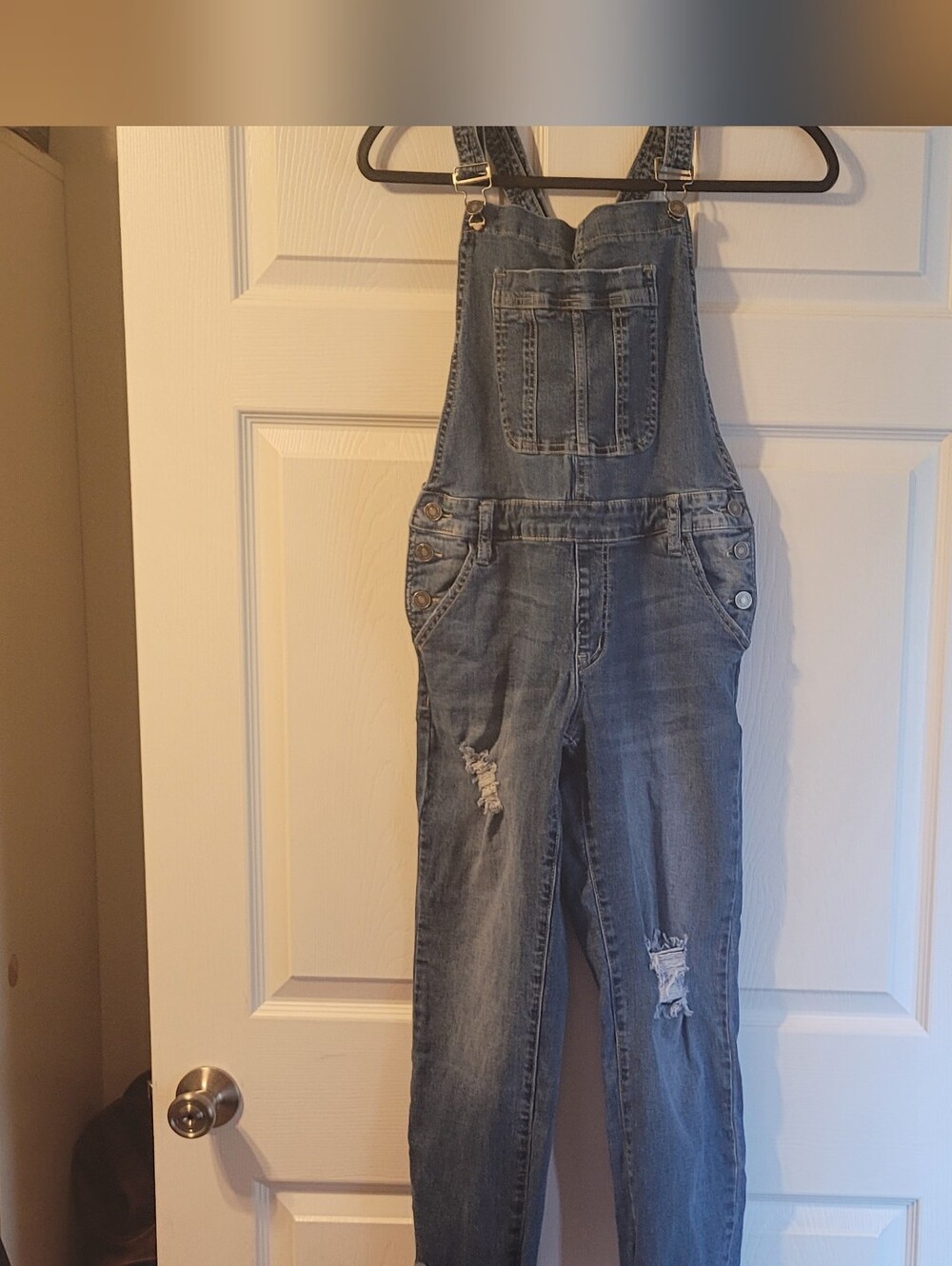 Kancan Classic Distressed Denim Overalls – Blue. Size Medium
